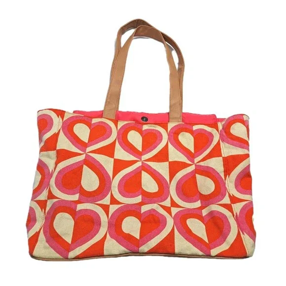 Hearts Retro Vintage Canvas Boat Tote Beach Travel Bag Red Pink White Brown DSW - Picture 1 of 7